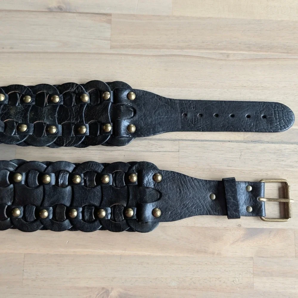 MOTIF 56 Black Leather Studded‎ Wide Waist Belt Boho Woven Women's Large